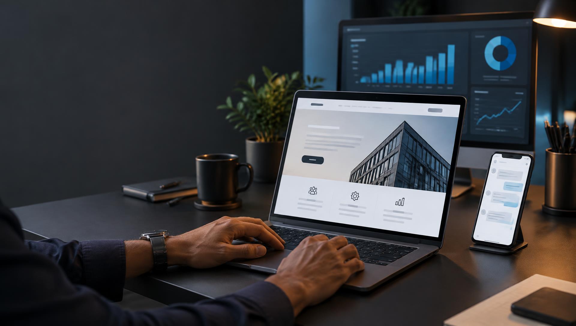 Business owner working at a laptop with a website and business tools on screen